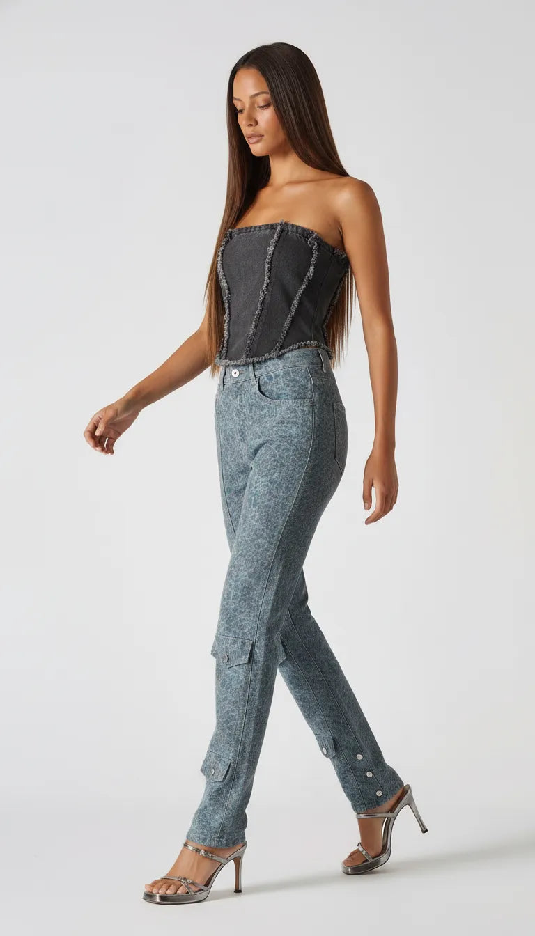 Side view of distressed textured corset top in black wash - women's strapless denim bustier with frayed edges styled with cargo jeans and heels