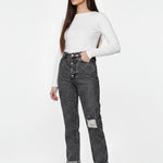 Model in an angled pose wearing Distressed Straight Leg Jeans in Dark Grey Wash