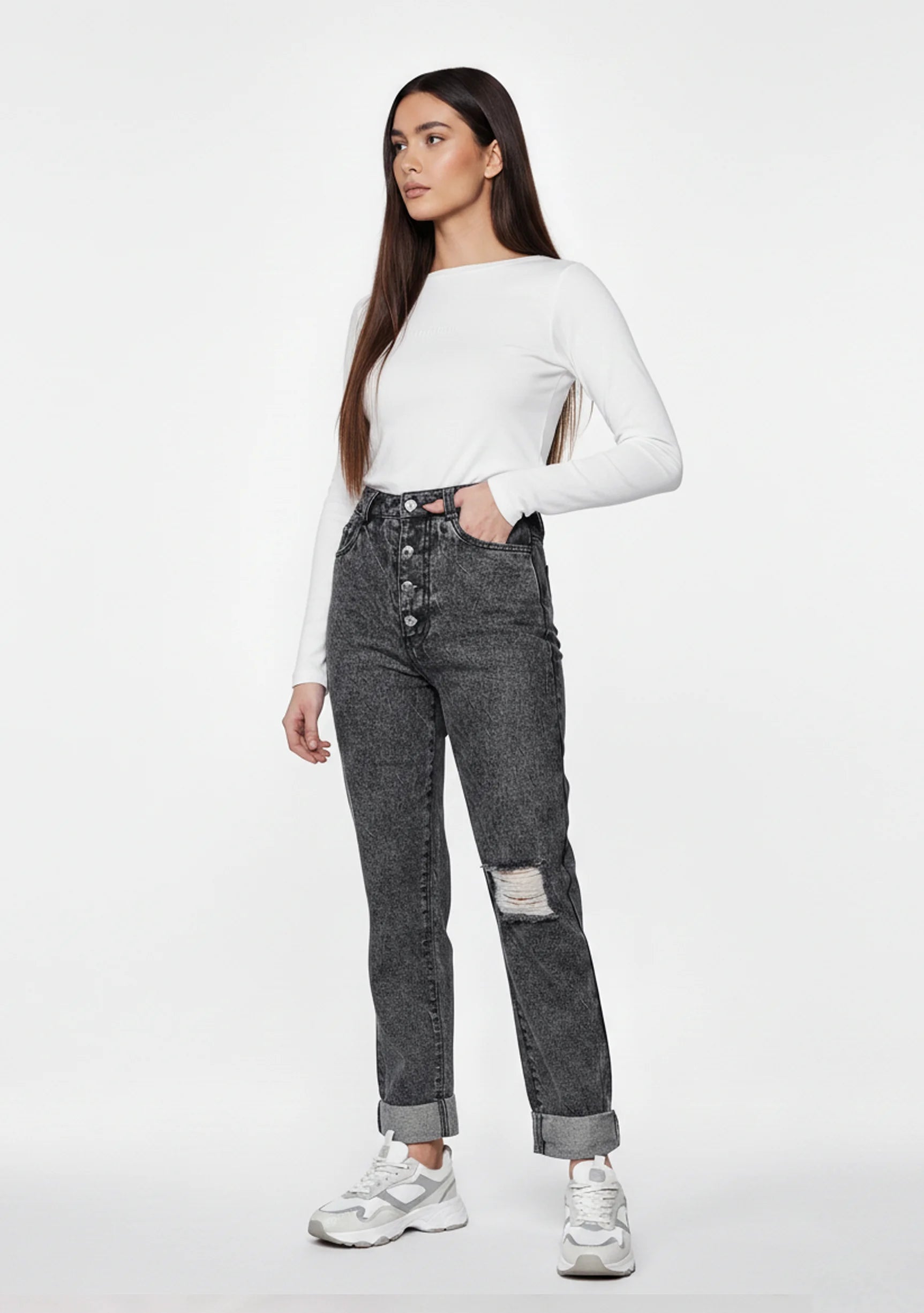 Model in an angled pose wearing Distressed Straight Leg Jeans in Dark Grey Wash