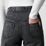 Close-up of back pockets and waistband patch on Distressed Straight Leg Jeans Dark Grey Wash