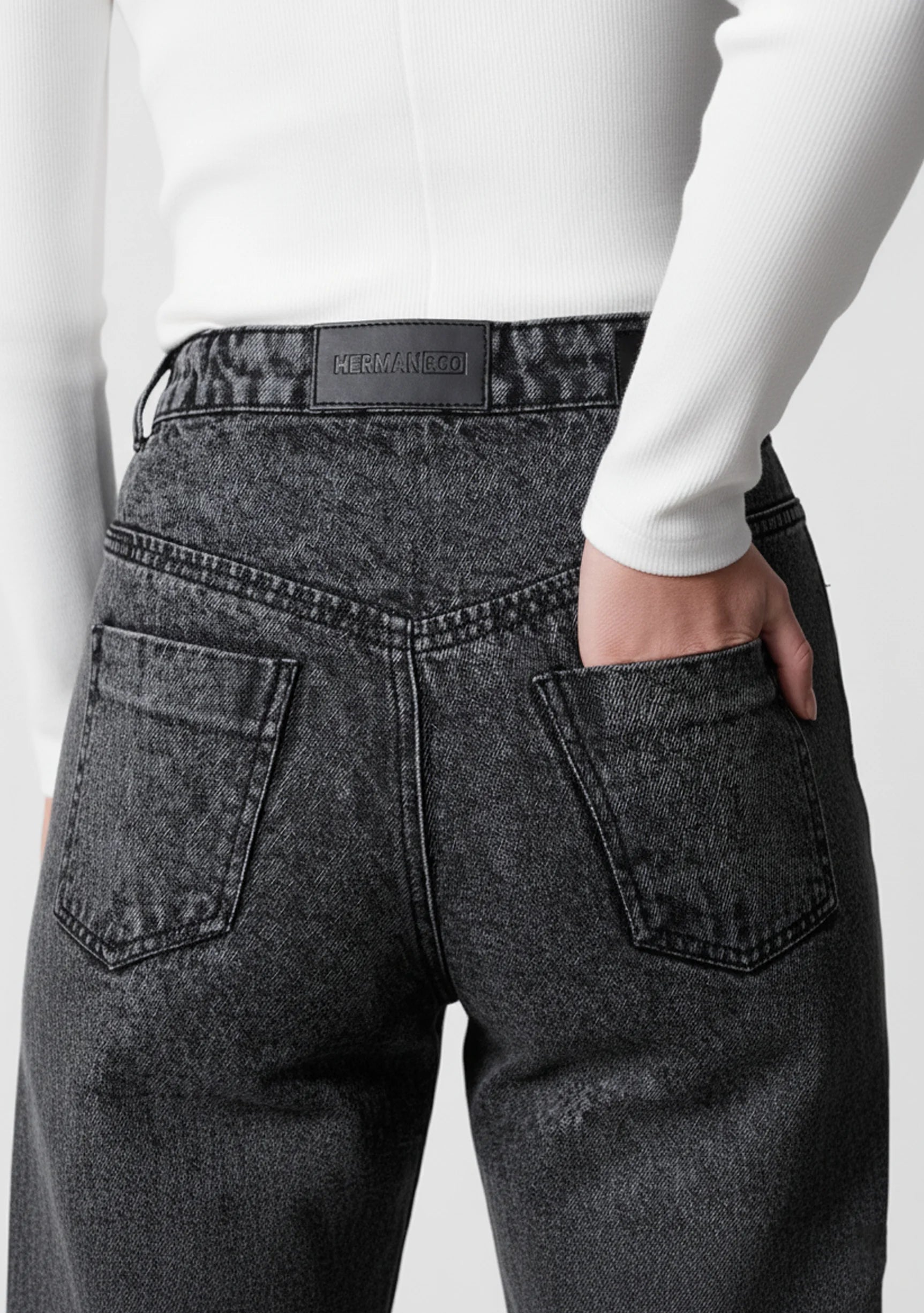 Close-up of back pockets and waistband patch on Distressed Straight Leg Jeans Dark Grey Wash