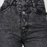 Close-up detail of the button fly on Distressed Straight Leg Jeans Dark Grey Wash