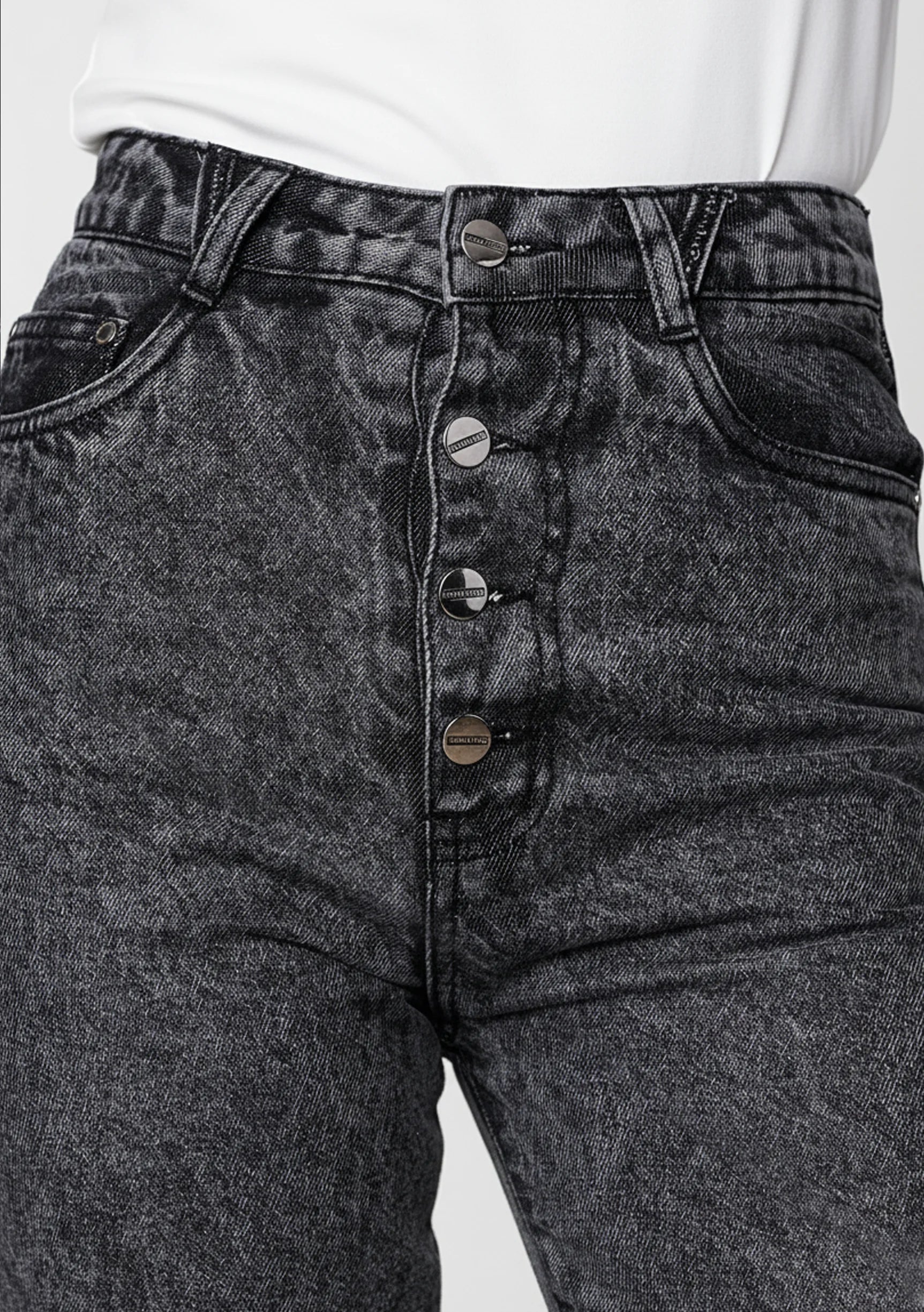 Close-up detail of the button fly on Distressed Straight Leg Jeans Dark Grey Wash