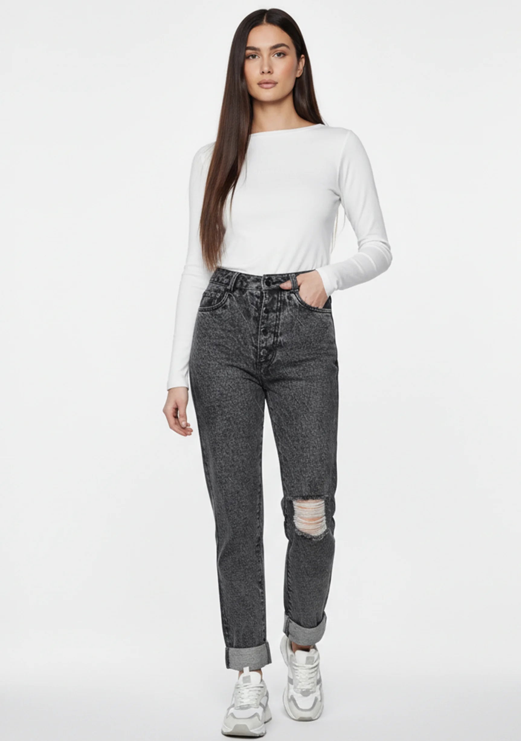 Front view of model walking casually in Distressed Straight Leg Jeans Dark Grey Wash