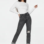 Model standing with hands on waist wearing Distressed Straight Leg Jeans Dark Grey Wash