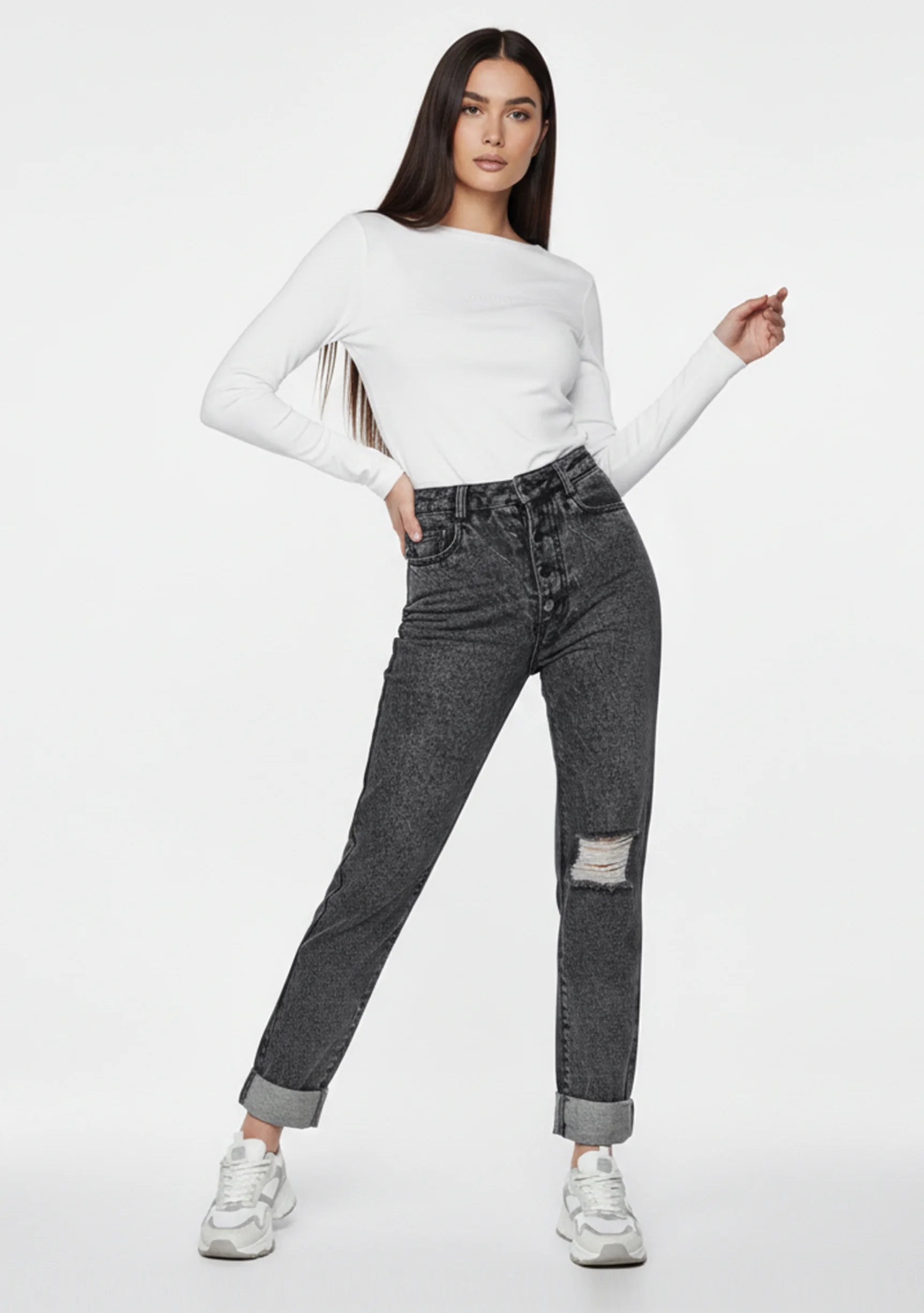 Model standing with hands on waist wearing Distressed Straight Leg Jeans Dark Grey Wash