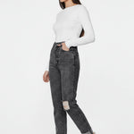 Model looking down slightly angled while modeling Distressed Straight Leg Jeans Dark Grey Wash