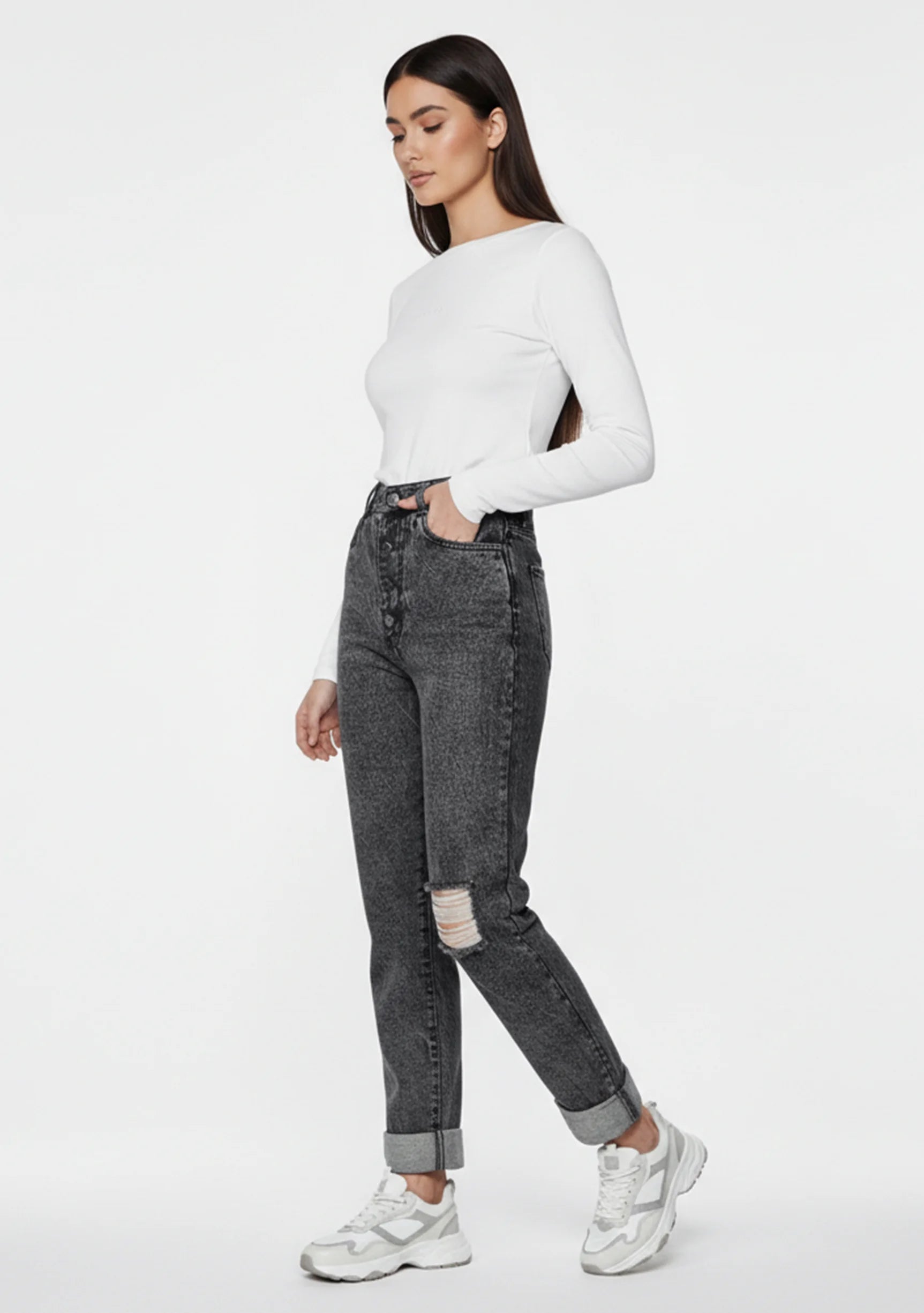 Model looking down slightly angled while modeling Distressed Straight Leg Jeans Dark Grey Wash