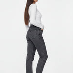 Side profile view of Distressed Straight Leg Jeans Dark Grey Wash showing the relaxed fit and cuffed hem
