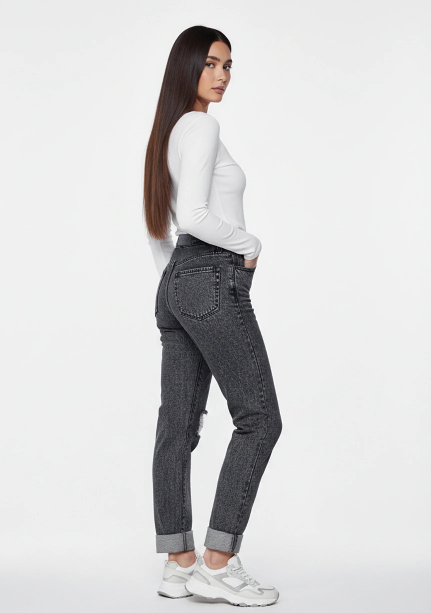 Side profile view of Distressed Straight Leg Jeans Dark Grey Wash showing the relaxed fit and cuffed hem