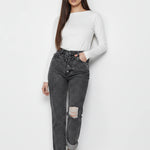 Model stepping forward with one hand in the pocket wearing Distressed Straight Leg Jeans Dark Grey Wash