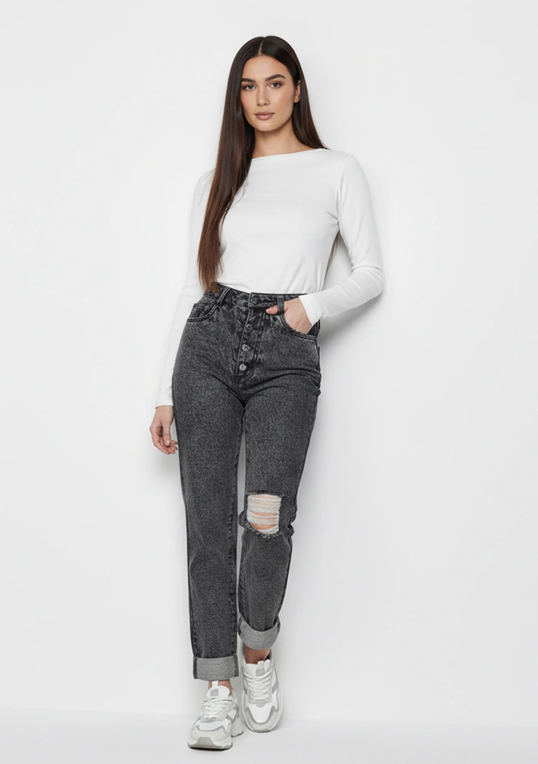 Model stepping forward with one hand in the pocket wearing Distressed Straight Leg Jeans Dark Grey Wash