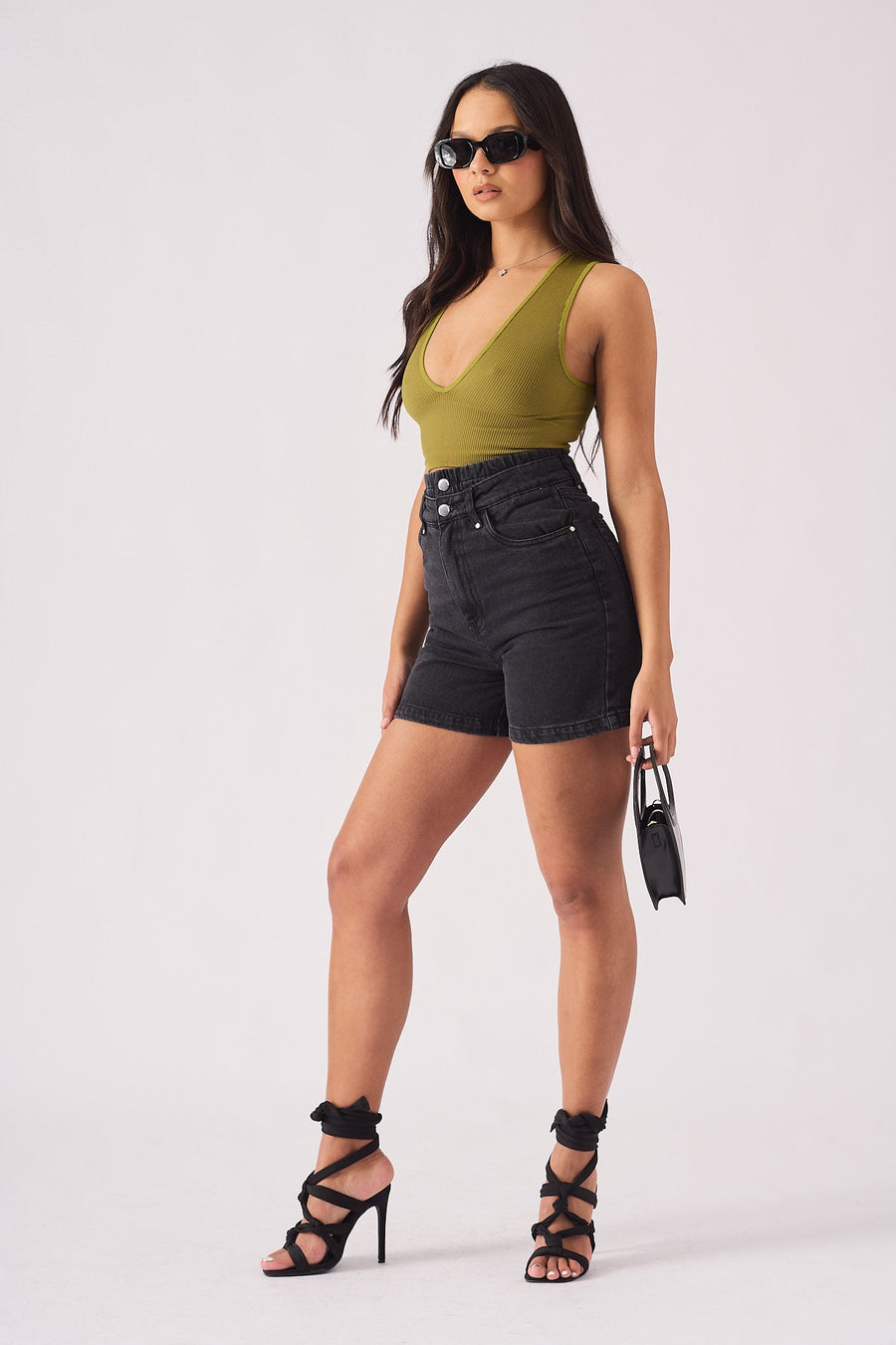 DOUBLE WAIST DENIM SHORTS - BLACK - JMOJO - Women's Denim Shorts
