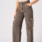 Dovie High Waisted Wide Leg Cargo Jeans - Chocolate Brown - JMOJO - Women's wide leg cargo jeans