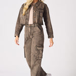 Dovie High Waisted Wide Leg Cargo Jeans - Chocolate Brown - JMOJO - Women's wide leg cargo jeans