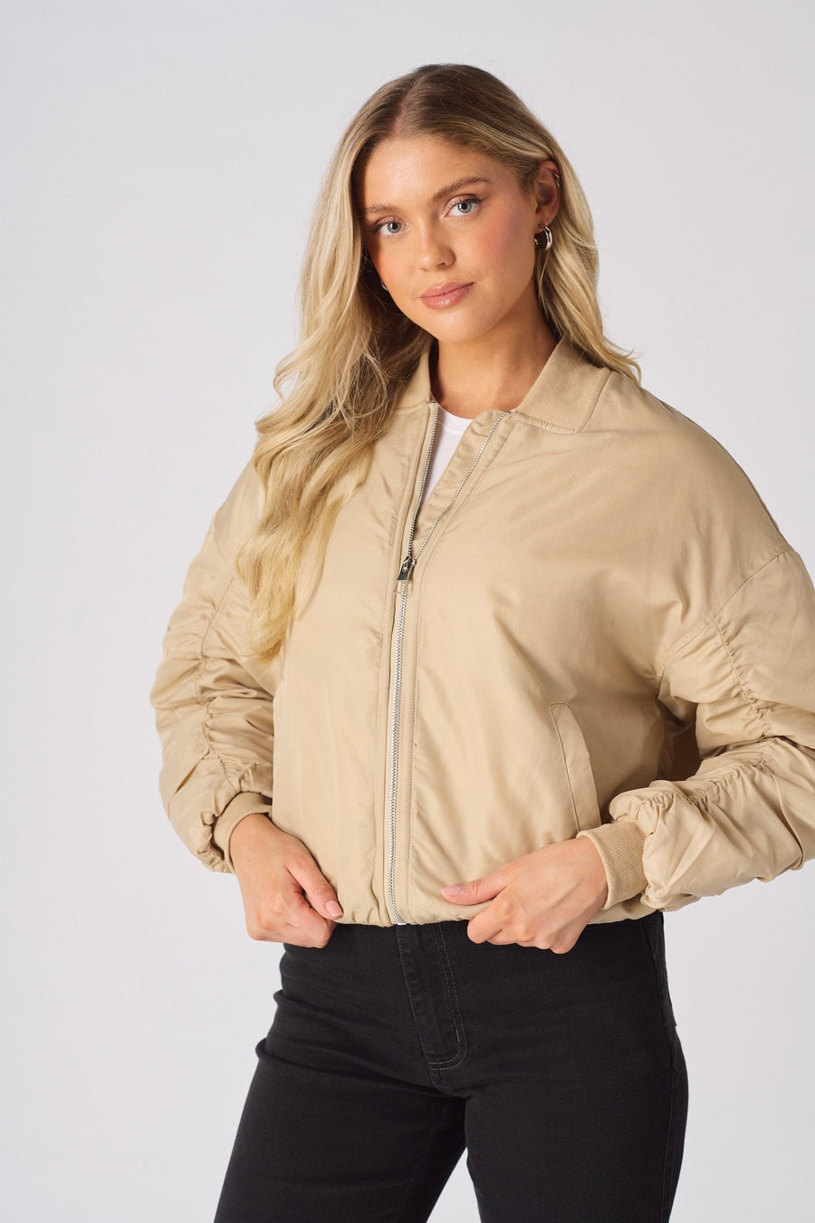 Dune Ruched Sleeve Bomber Jacket – Beige - JMOJO - Women's Bomber Jackets