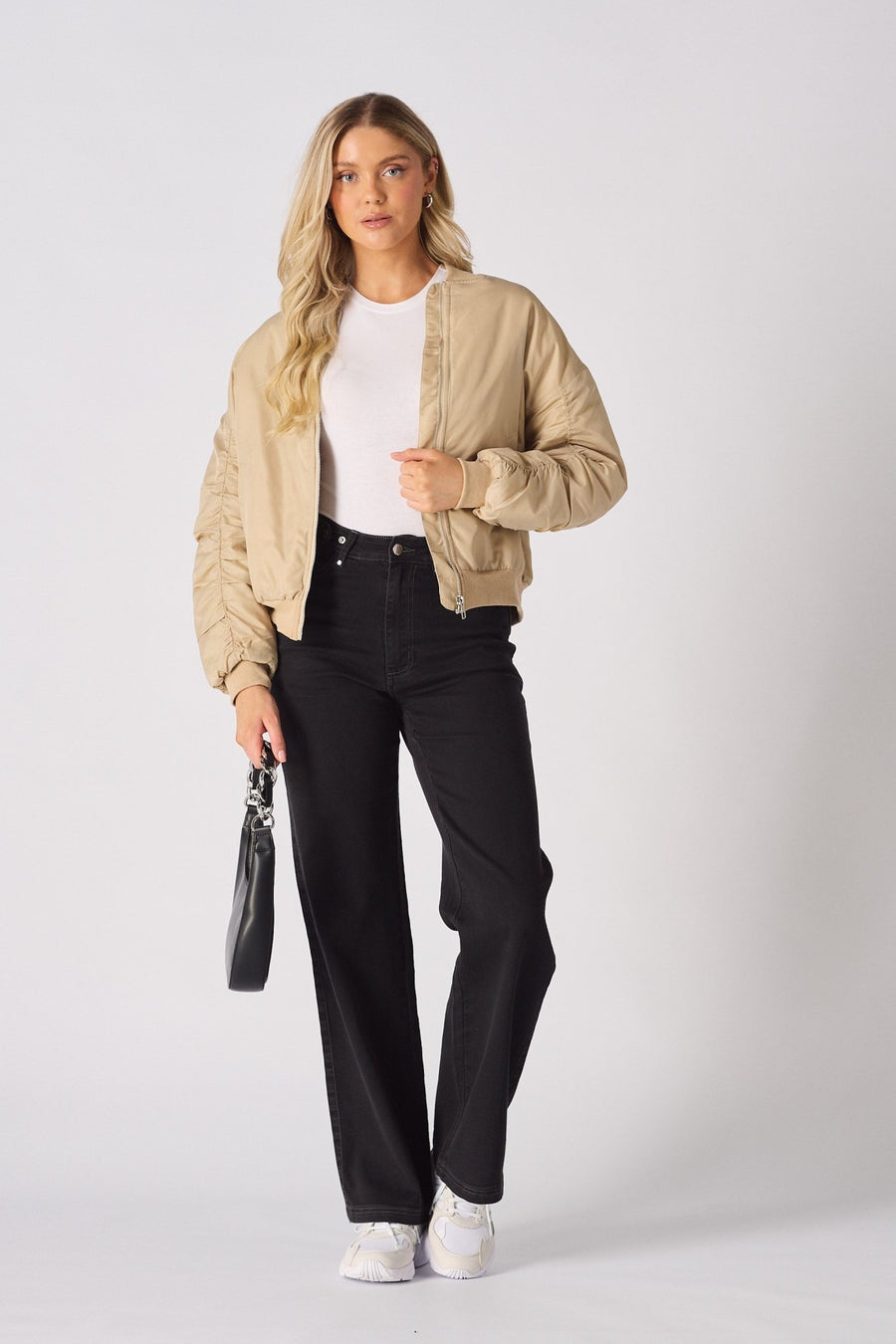 Dune Ruched Sleeve Bomber Jacket – Beige - JMOJO - Women's Bomber Jackets