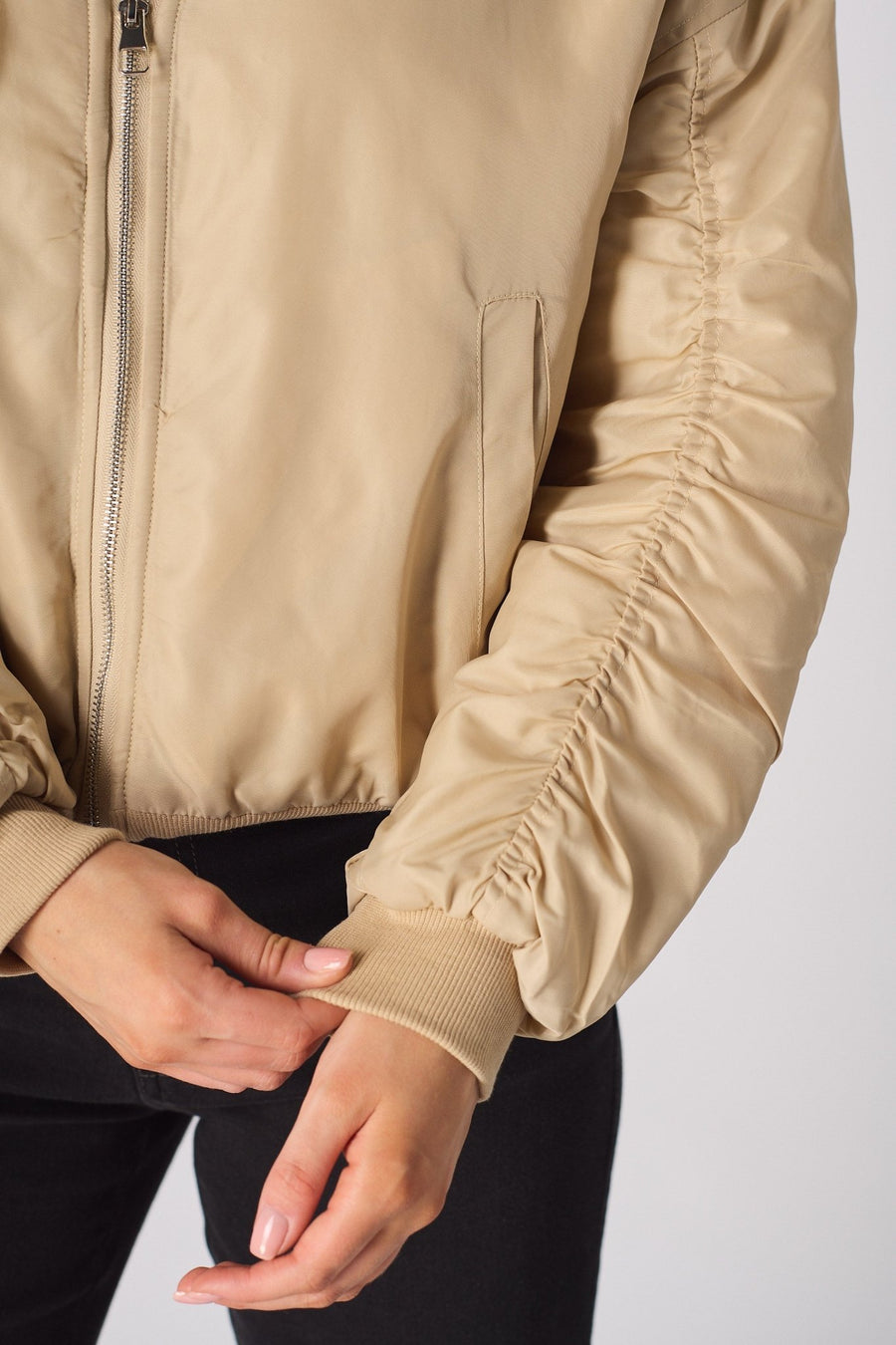 Dune Ruched Sleeve Bomber Jacket – Beige - JMOJO - Women's Bomber Jackets