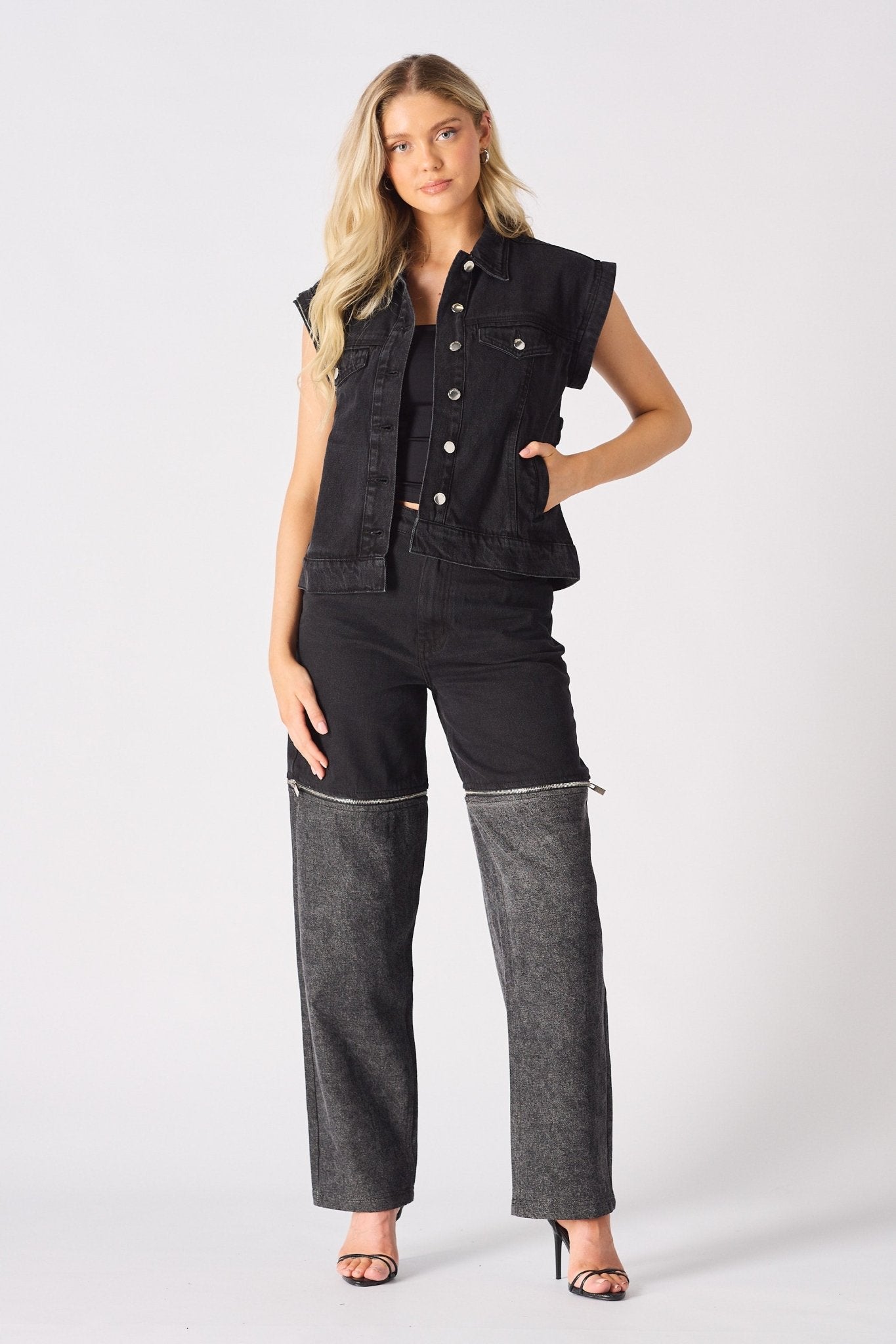 Edge 2 - in - 1 Detachable Sleeve Jacket – Black Wash - JMOJO - Women's Denim Jacket Detachable