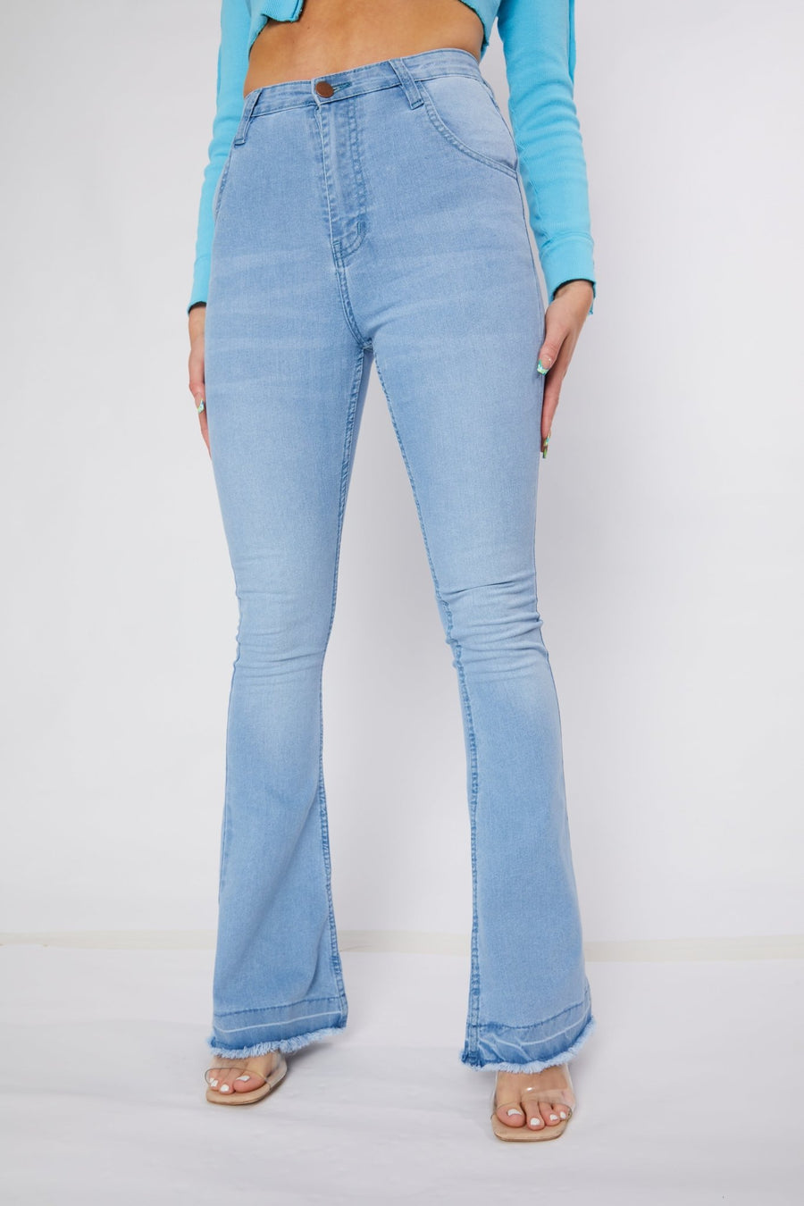 ELARA High Waisted Stretch Flare Jeans - Light Blue Wash - JMOJO - Women's Flare Jeans