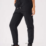 Black essential pintuck relaxed jogger with drawstring waist showing front fit