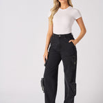 Evora Cargo Straight Leg Jeans with Removable Pockets - Black - JMOJO - Women's Straight Leg Cargo Jeans Removable Pockets