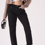 Evora High Waisted Turn Up Straight Leg Jeans - Black - JMOJO - Women's Straight Leg Jeans