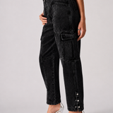 Floressa High Waisted Straight Leg Cargo Jeans  - Black