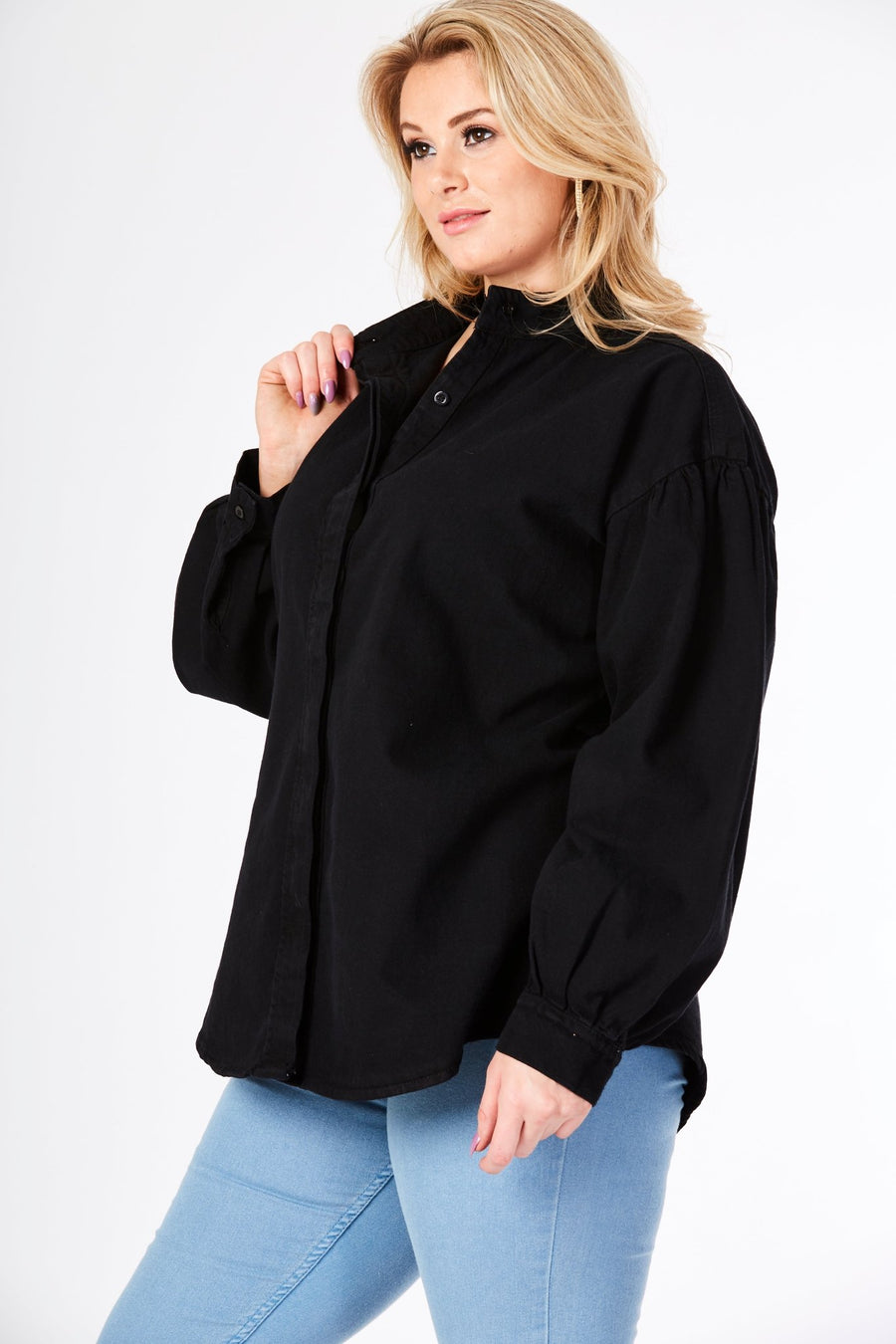Fiora Plus Size Balloon Sleeve Denim Shirt – Black - JMOJO - Women's Oversize Denim Shirts