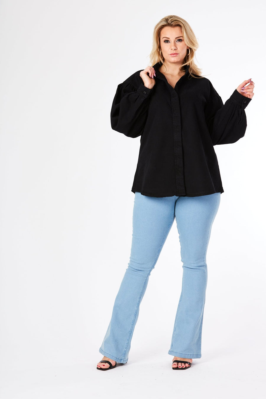 Fiora Plus Size Balloon Sleeve Denim Shirt – Black - JMOJO - Women's Oversize Denim Shirts