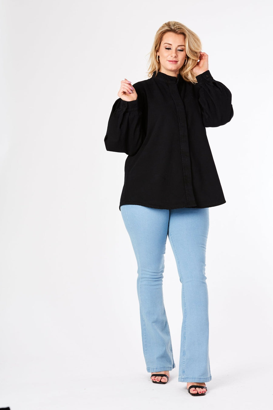 Fiora Plus Size Balloon Sleeve Denim Shirt – Black - JMOJO - Women's Oversize Denim Shirts