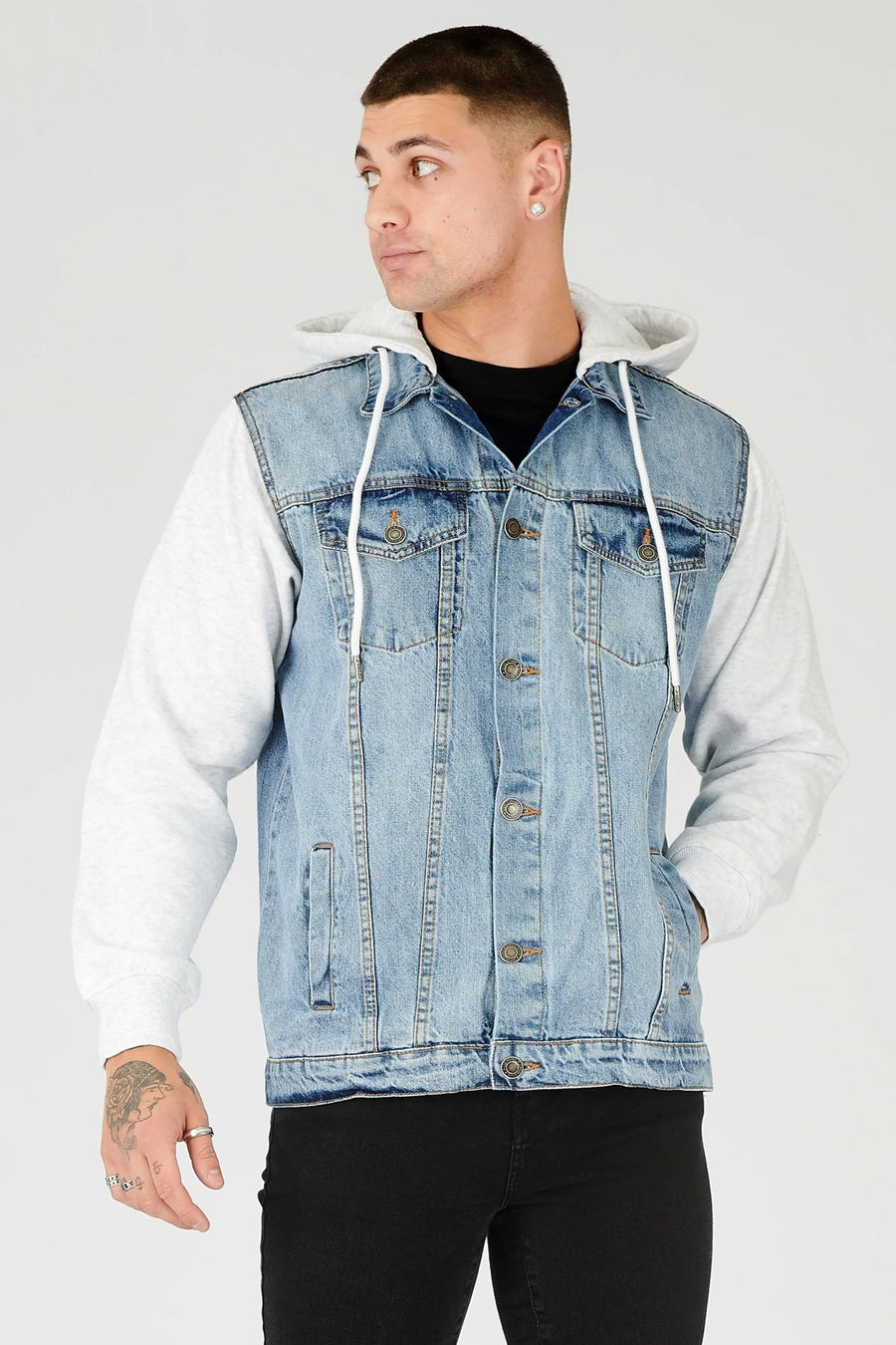 FLEECE HOODED DENIM JACKET - LIGHT BLUE WASH - JMOJO - Men's Fleece Hooded Denim Jackets