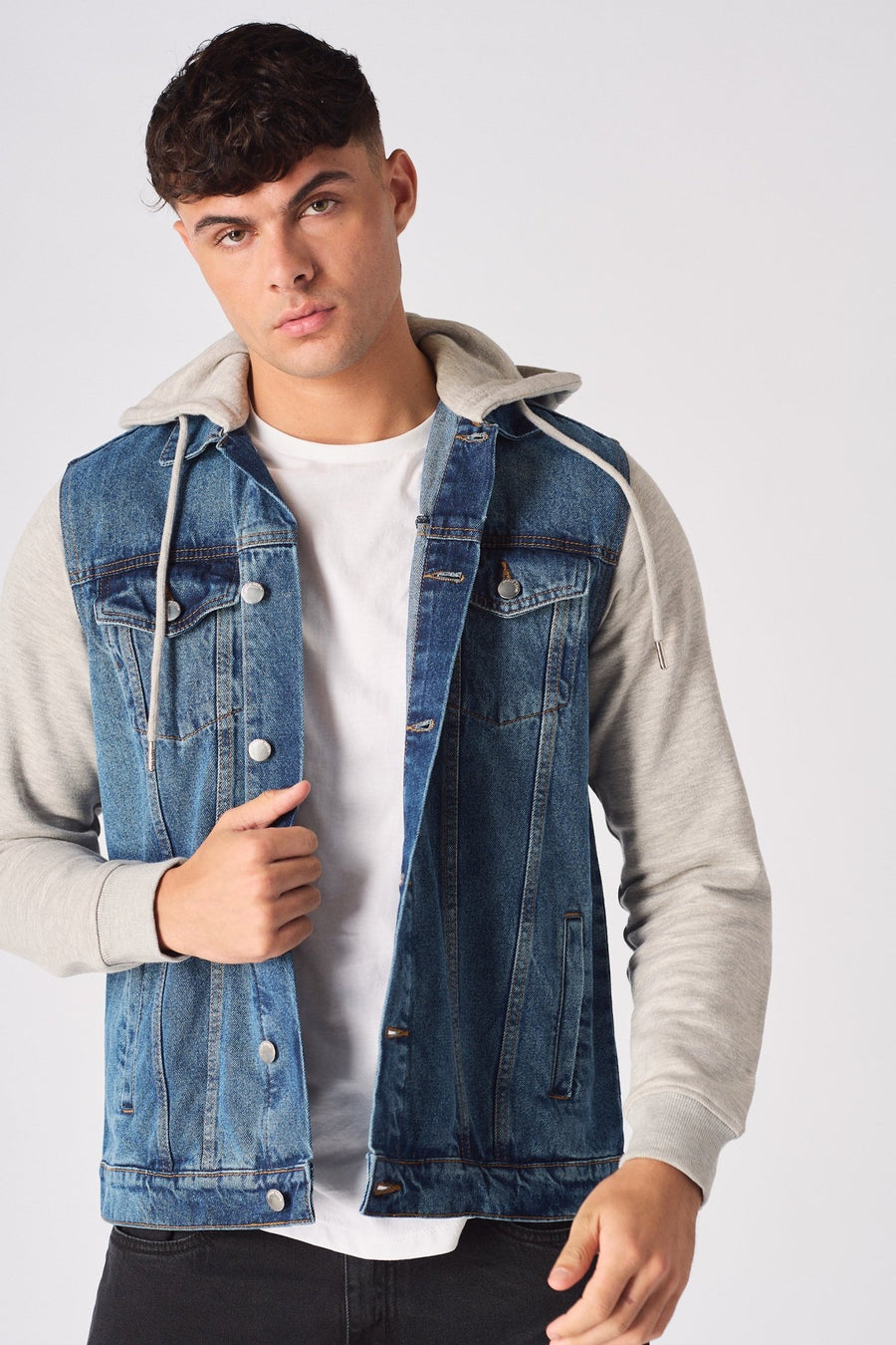 FLEECE HOODED DENIM JACKET - MID BLUE WASH - JMOJO - Men's Fleece Hooded Denim Jackets