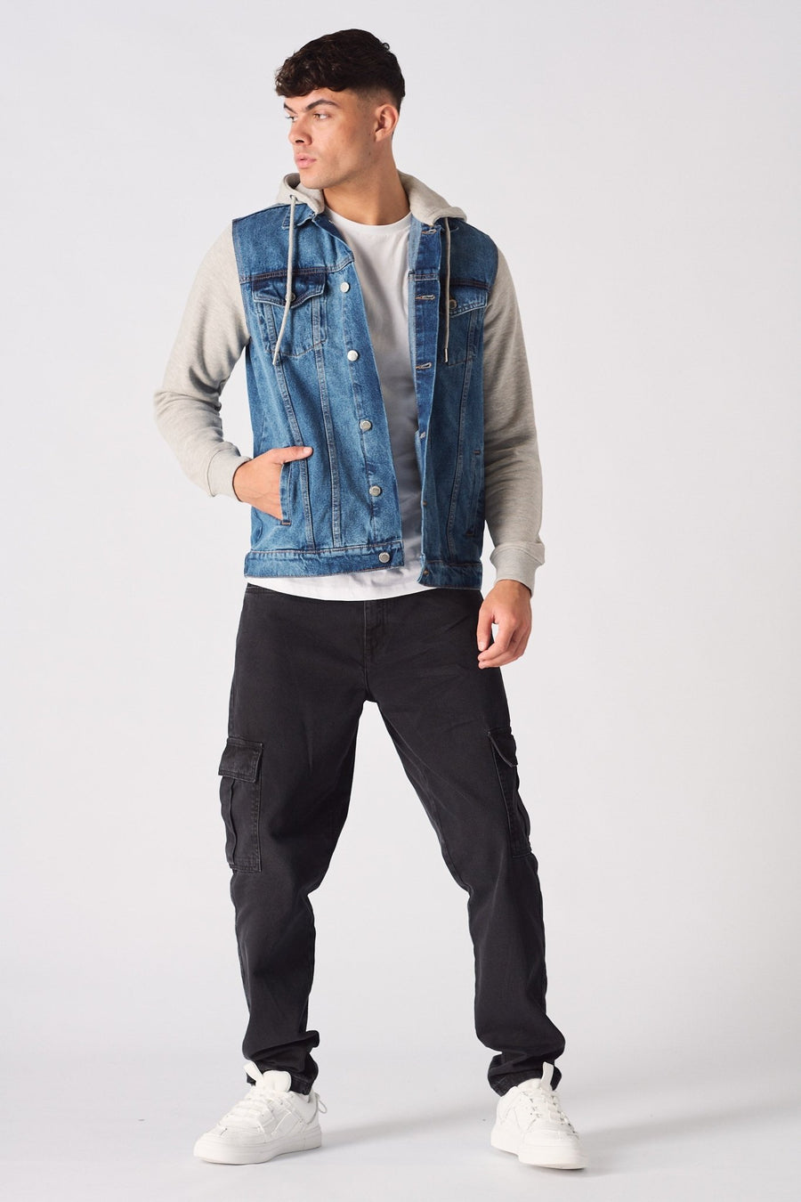 FLEECE HOODED DENIM JACKET - MID BLUE WASH - JMOJO - Men's Fleece Hooded Denim Jackets
