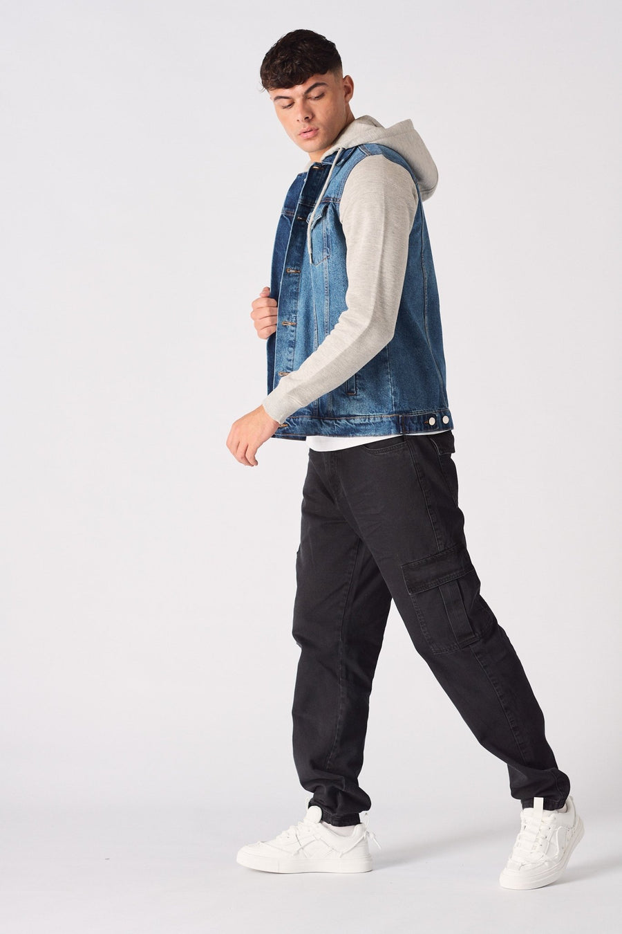 FLEECE HOODED DENIM JACKET - MID BLUE WASH - JMOJO - Men's Fleece Hooded Denim Jackets