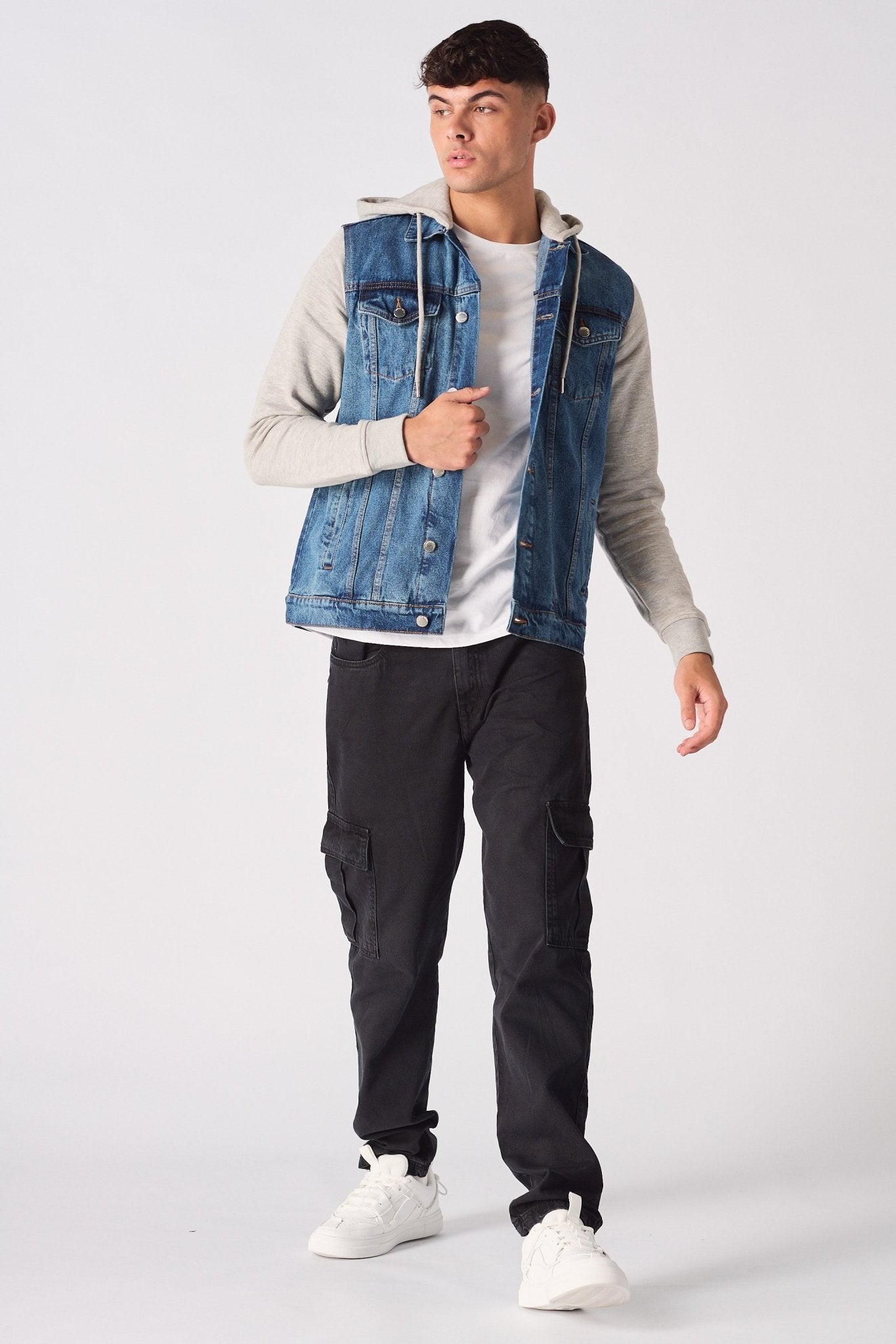 FLEECE HOODED DENIM JACKET - MID BLUE WASH - JMOJO - Men's Fleece Hooded Denim Jackets