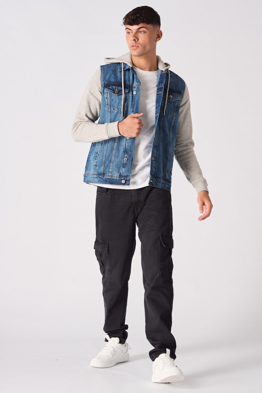 FLEECE HOODED DENIM JACKET - MID BLUE WASH - JMOJO - Men's Fleece Hooded Denim Jackets