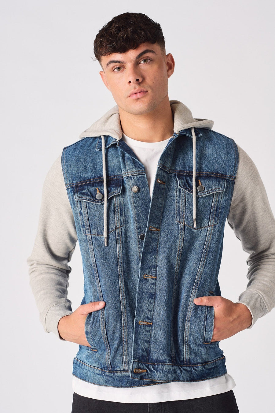 FLEECE HOODED DENIM JACKET - MID BLUE WASH - JMOJO - Men's Fleece Hooded Denim Jackets