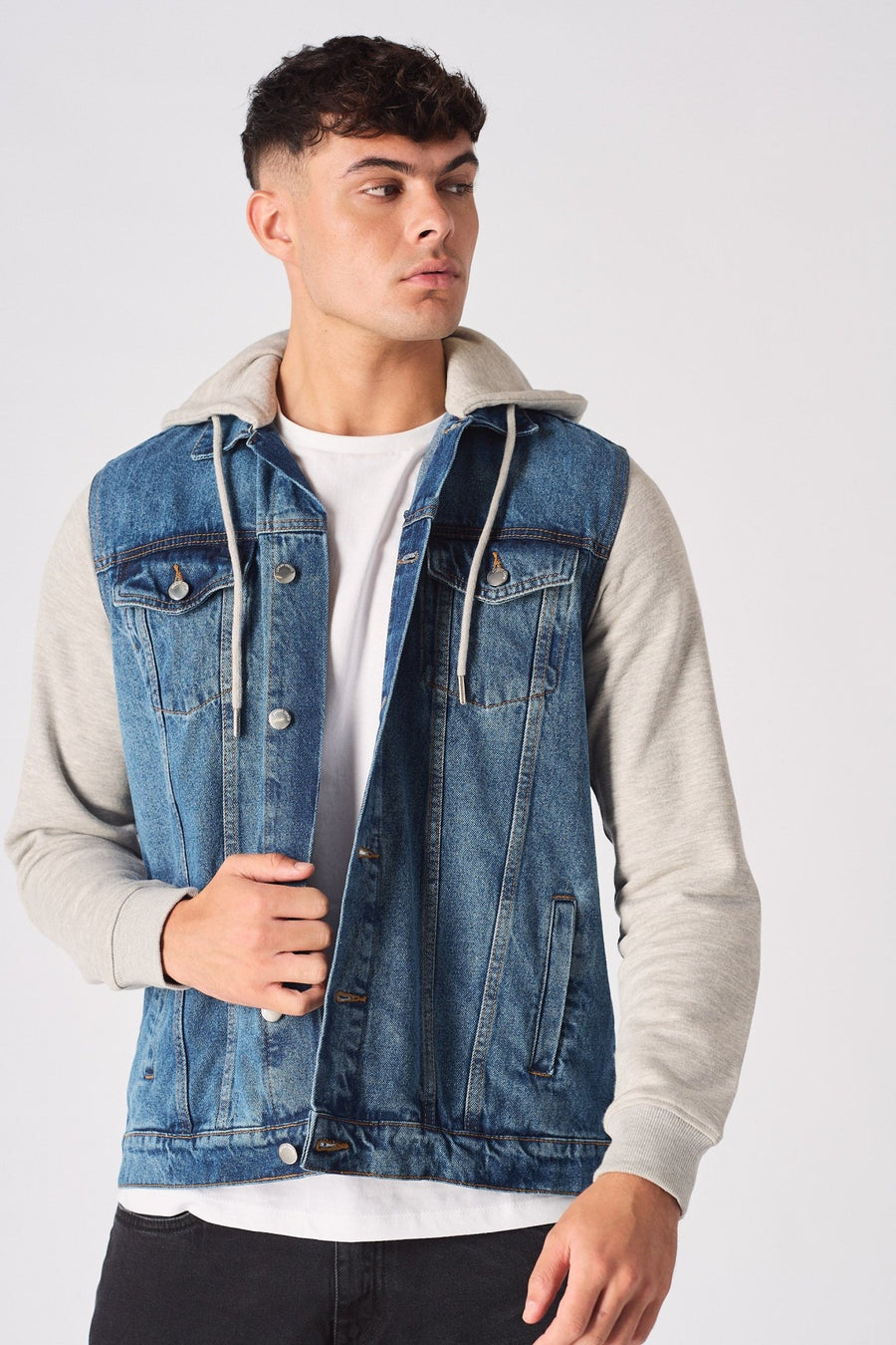 FLEECE HOODED DENIM JACKET - MID BLUE WASH - JMOJO - Men's Fleece Hooded Denim Jackets
