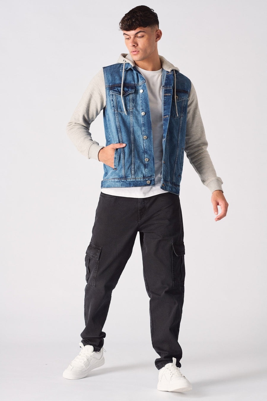 FLEECE HOODED DENIM JACKET - MID BLUE WASH - JMOJO - Men's Fleece Hooded Denim Jackets