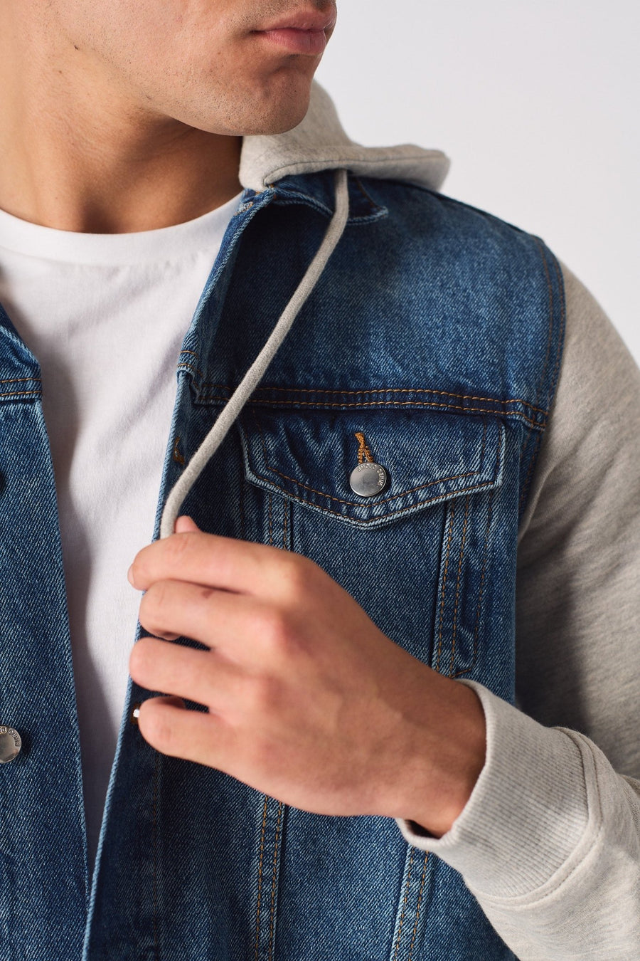 FLEECE HOODED DENIM JACKET - MID BLUE WASH - JMOJO - Men's Fleece Hooded Denim Jackets
