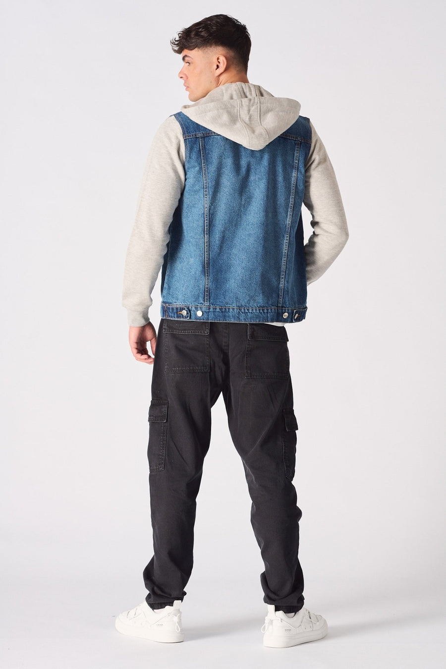 FLEECE HOODED DENIM JACKET - MID BLUE WASH - JMOJO - Men's Fleece Hooded Denim Jackets