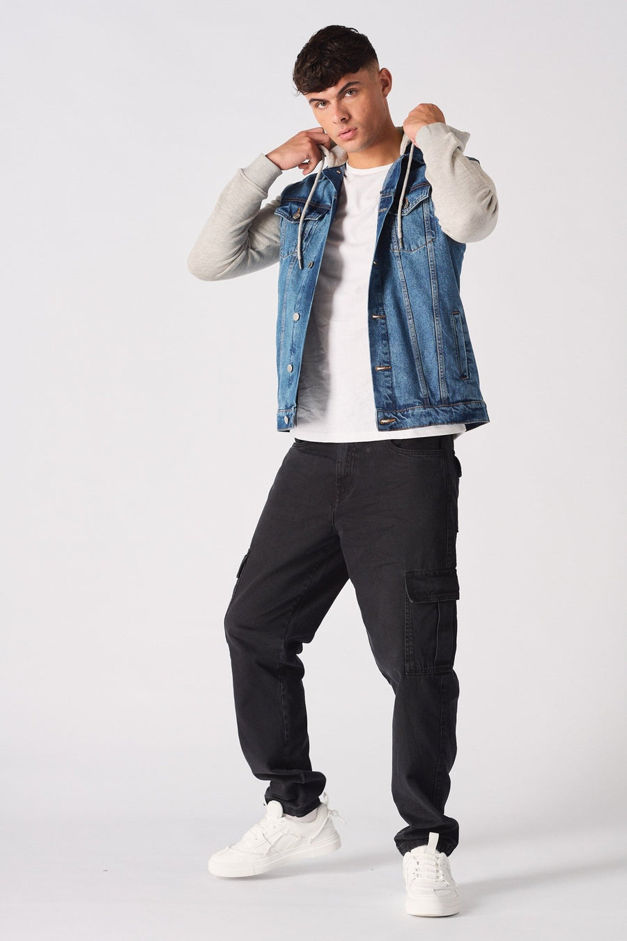 FLEECE HOODED DENIM JACKET - MID BLUE WASH - JMOJO - Men's Fleece Hooded Denim Jackets