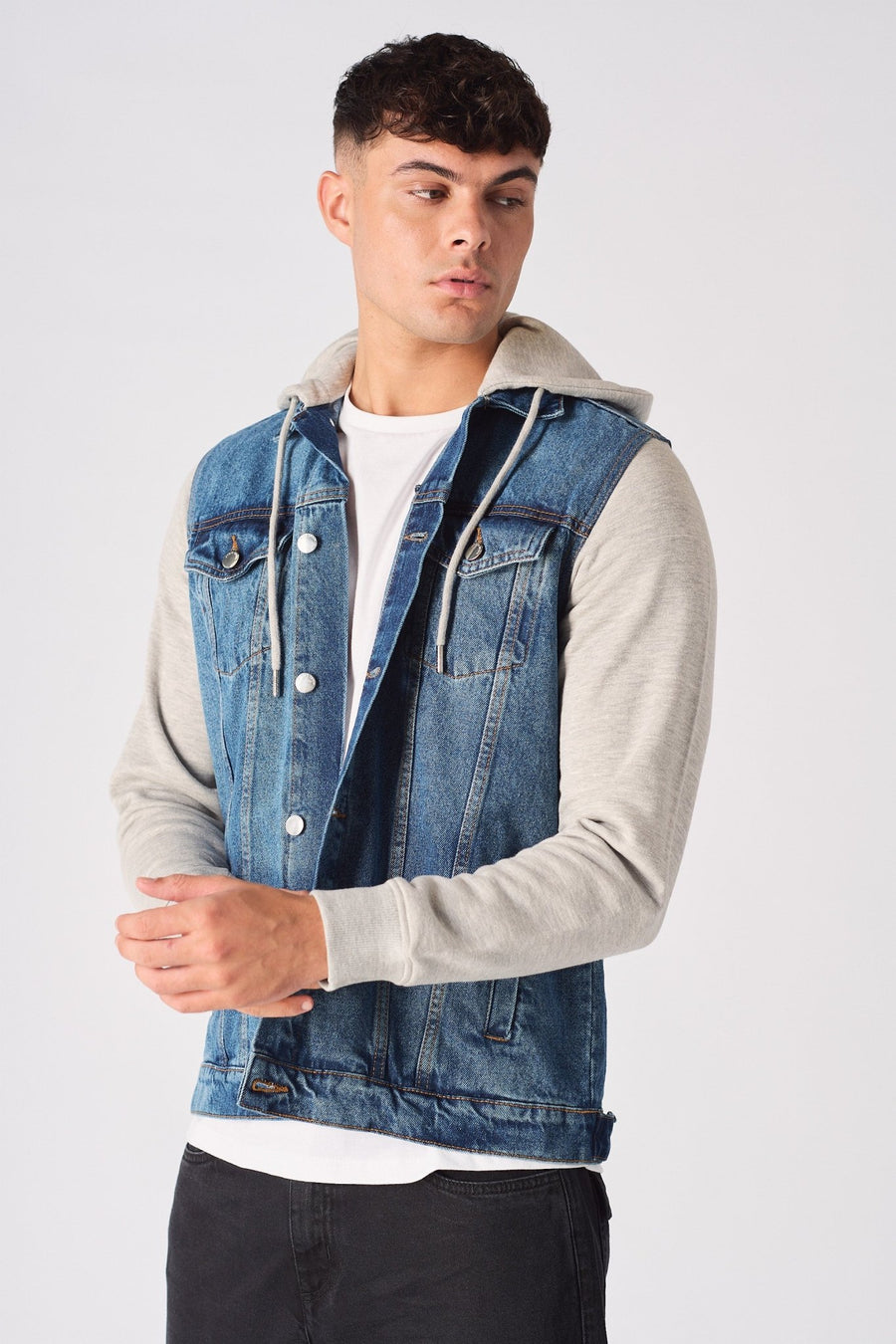 FLEECE HOODED DENIM JACKET - MID BLUE WASH - JMOJO - Men's Fleece Hooded Denim Jackets