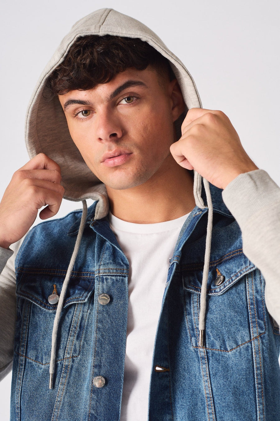 FLEECE HOODED DENIM JACKET - MID BLUE WASH - JMOJO - Men's Fleece Hooded Denim Jackets