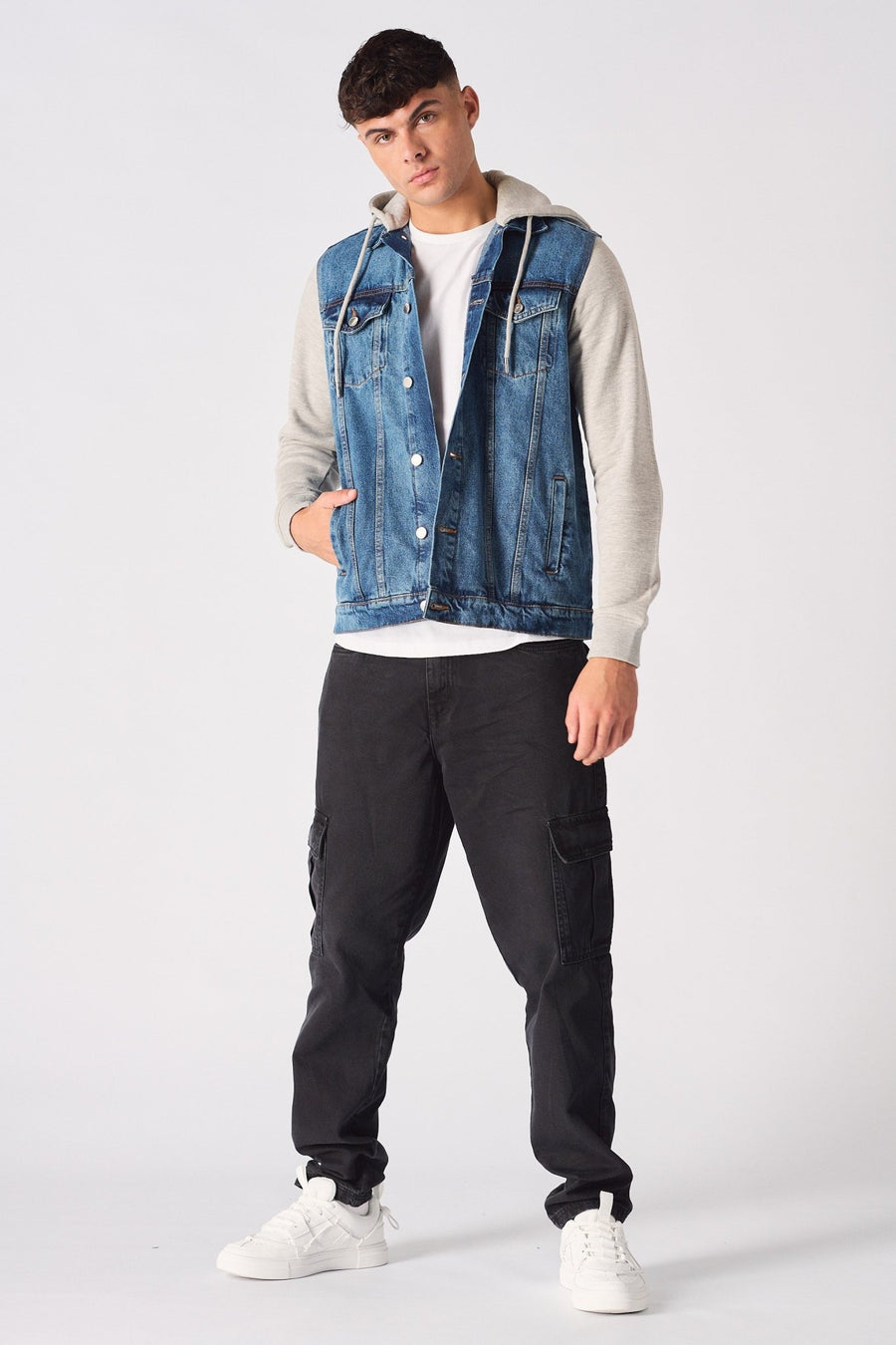 FLEECE HOODED DENIM JACKET - MID BLUE WASH - JMOJO - Men's Fleece Hooded Denim Jackets