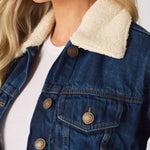 Frost Sherpa Collar Denim Jacket – Mid Blue - JMOJO - Women's Denim Jackets Sherpa