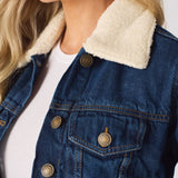 Frost Sherpa Collar Denim Jacket – Mid Blue - JMOJO - Women's Denim Jackets Sherpa