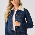 Frost Sherpa Collar Denim Jacket – Mid Blue - JMOJO - Women's Denim Jackets Sherpa