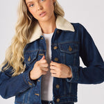 Frost Sherpa Collar Denim Jacket – Mid Blue - JMOJO - Women's Denim Jackets Sherpa